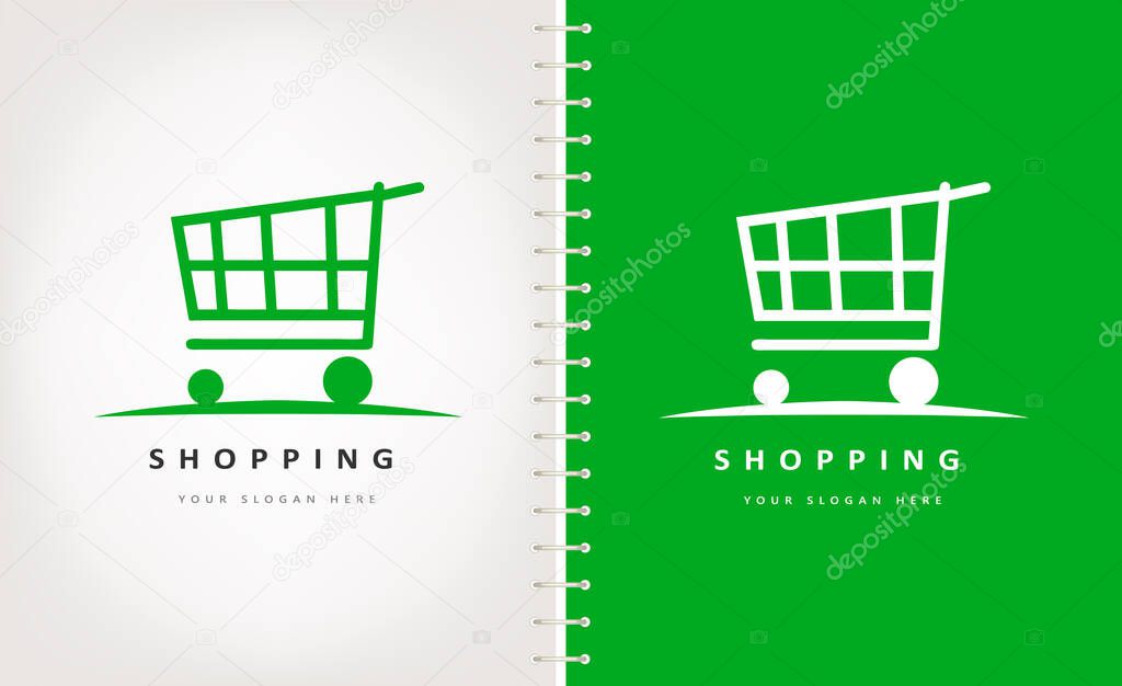 Shopping cart logo vector. Store trolley with wheels.