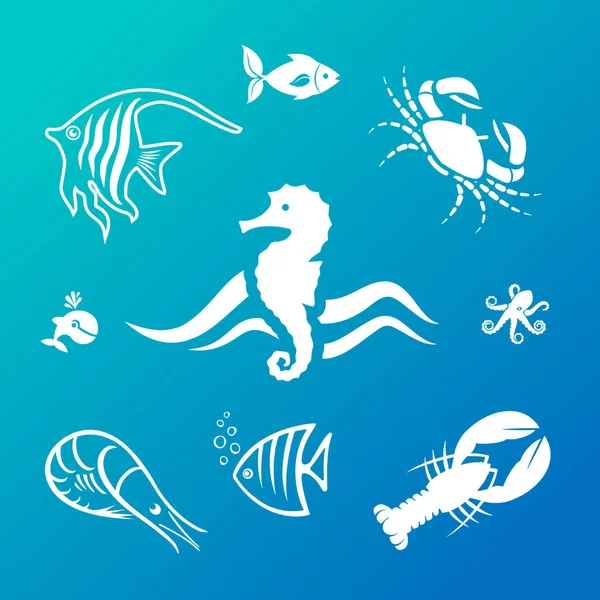 Onderwater Dieren Logo Vector Set Krab Vis Engel Vis Zeepaardje Rechtenvrije Stockillustraties