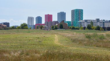 Vitoria-Gestaiz, İspanya - 21 Ağustos 2021: Vitoria-Gasteiz yeşil kuşağındaki Salburua sulak alanlarından şehir kulesi blokları