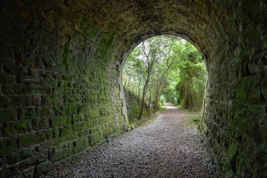İspanya 'nın Zumaia ve Deba arasındaki Bask Sahili Geopark' taki patikada eski bir taş tünel.