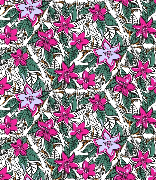 Virágos varratmentes mintázat fucshia és rózsaszín trópusi virágok — Stock Fotó