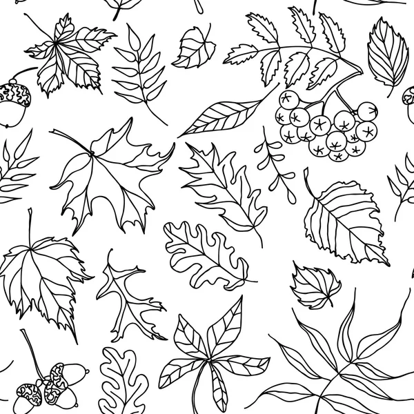 Herfstbladeren naadloze patroon, zwart-witprinter doodles — Stockvector