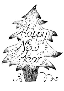 Happy New Year, siyah ve beyaz grafiği çizilmiş tebrik kartı