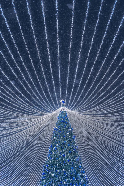 イルミネーションのクリスマスツリー お祭りのガーランドと緑のクリスマスツリー ルビアンカ広場のクリスマスツリー — ストック写真