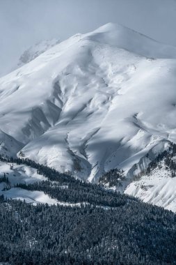 Kar beyazı dağ tepesi ve karlı orman. Kış dağı manzarası. Kafkasya Dağları. Arkhyz kayak merkezinin kuzey yamacından görüntüle.