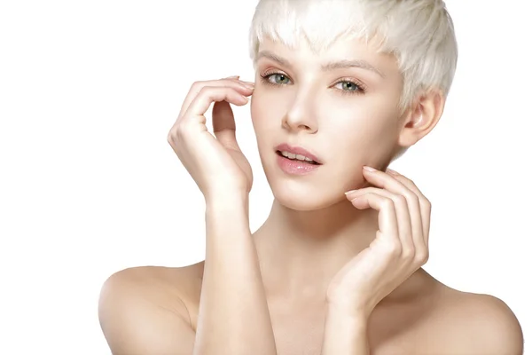 Beauty model blonde short hair showing perfect skin — Stock Photo, Image