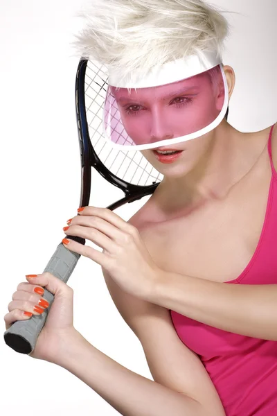 Beauty shot blond perfect young model wear pink visor — Stock Photo, Image