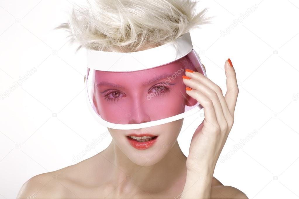 beauty shot blond perfect young model wear pink visor