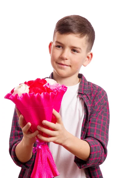 Boy with bouquet of roses — Stock Photo, Image