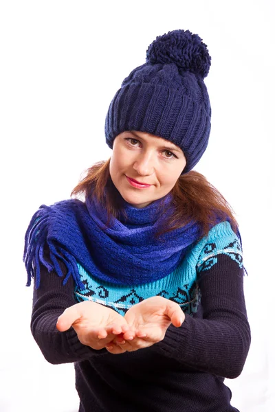 Smiling girl stretches hands forward — Stock Photo, Image