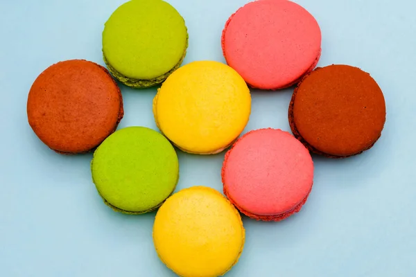 Several Multicolored Macaron Cakes Blue Background — Stock Photo, Image