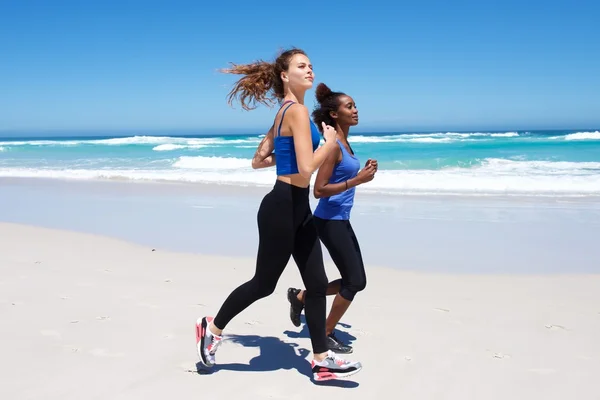 Ajuste jovens amigas se exercitando na praia — Fotografia de Stock