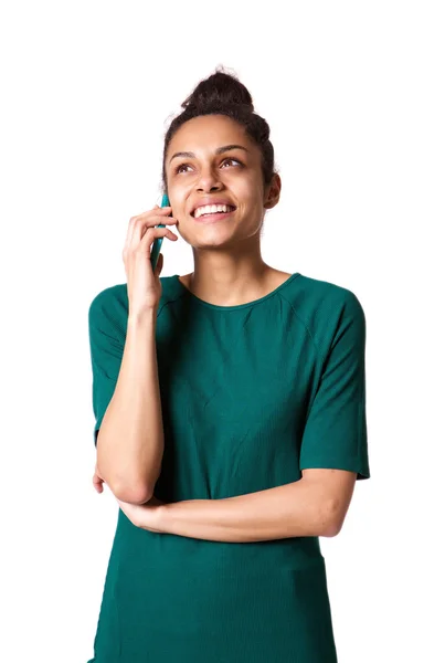 Schöne junge Frau, die auf ihrem Handy spricht — Stockfoto