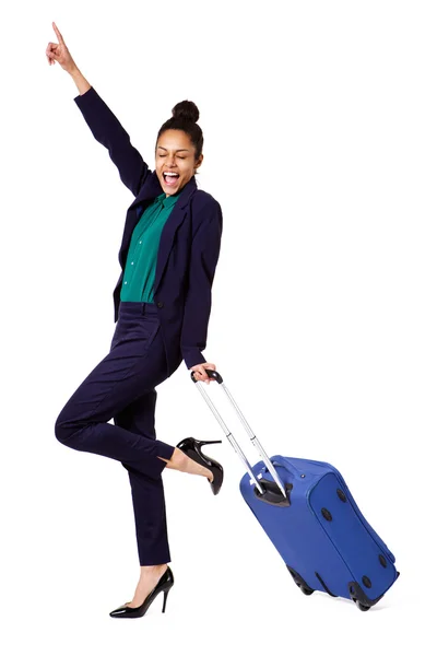 Heyecanlı bir iş kadını ile seyahat çantası — Stok fotoğraf
