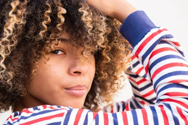 Close Side Portrait Serious African American Girl Hands Afro Hair — Stock Photo, Image