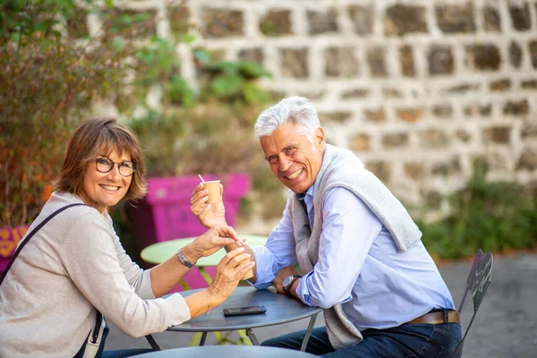 Profile Portrait Smiling Older Couple Drinking Cup Coffee — Stock Photo, Image