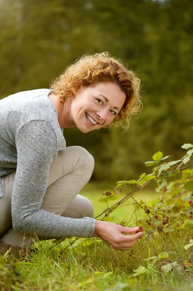 Mulher sorridente colhendo bagas na floresta — Fotografia de Stock