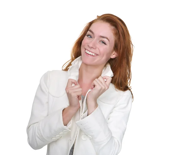 Beautiful young woman smiling with winter jacket — Stock Photo, Image