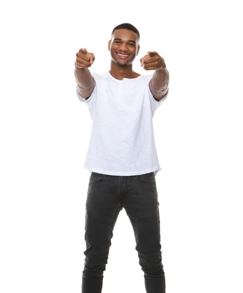 Happy young man pointing fingers — Stock Photo, Image