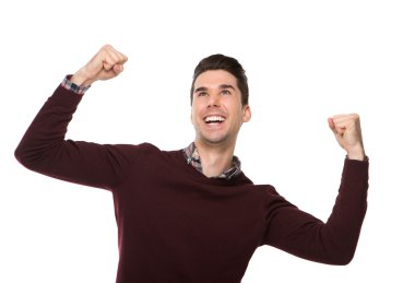 Neşeli adam kollarını kaldırdı kutluyor 