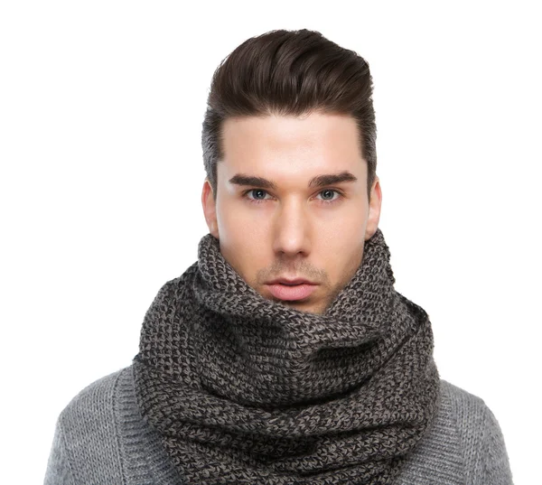 Male fashion model posing with gray wool scarf — Stock Photo, Image