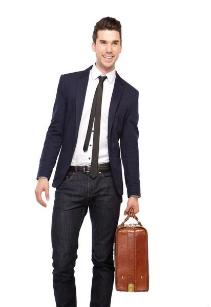 Portrait of a young business man smiling with bag — Stock Photo, Image