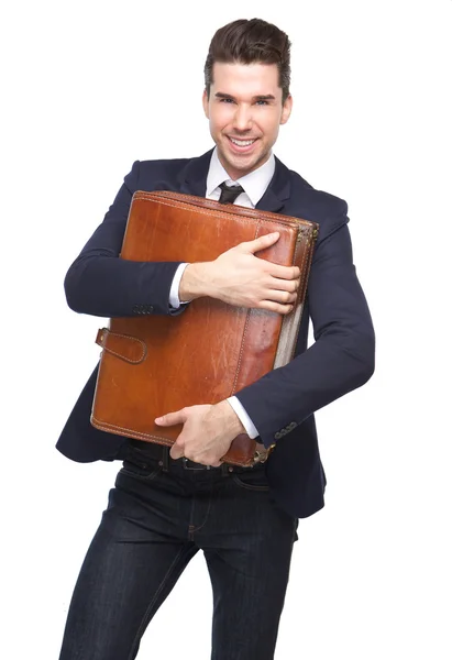 Счастливый молодой бизнесмен с кожаной сумкой — стоковое фото