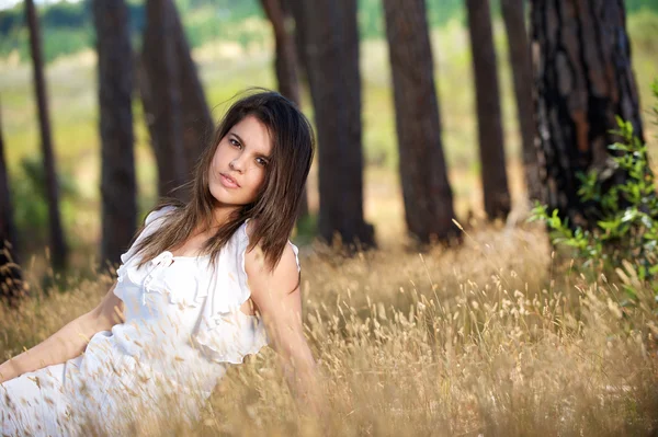 Mooie jonge vrouw zitten in gras op het platteland — Stockfoto