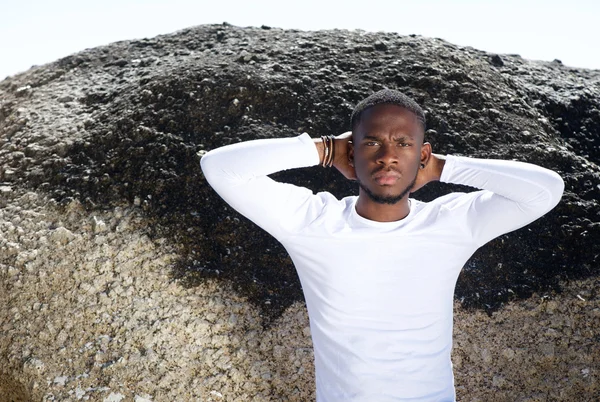 African american male fashion model with hands behind head — Stock Photo, Image