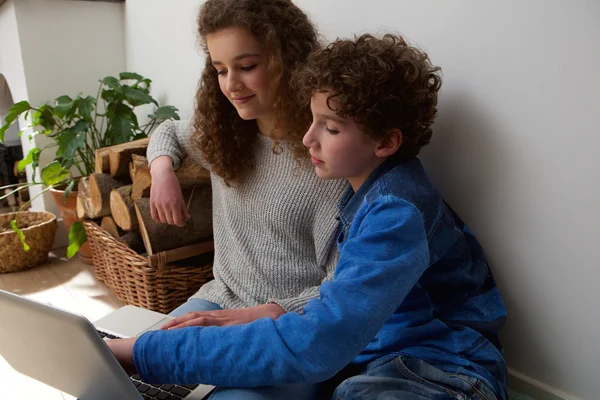 Симпатичные мальчик и девочка, использующие ноутбук вместе дома — стоковое фото
