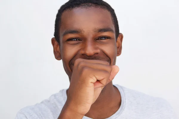 African american man lachen met de hand die betrekking hebben op mond — Stockfoto