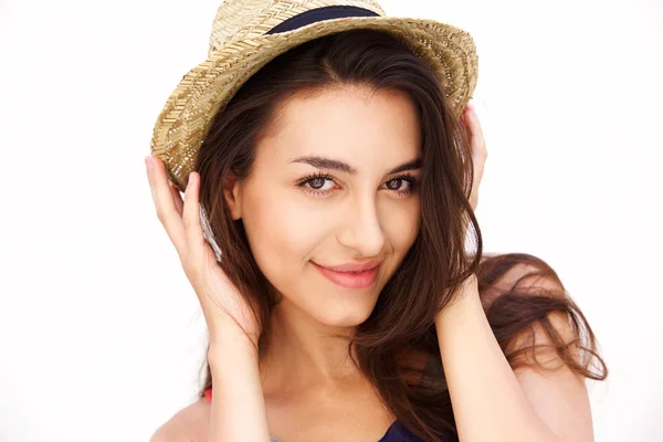 Cute girl with hat smiling — Stok fotoğraf