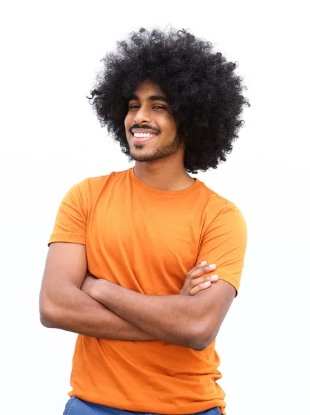 Jeune homme avec afro souriant sur fond blanc — Photo