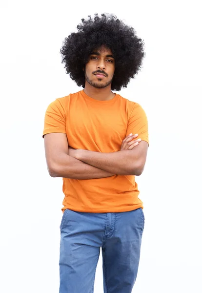 Cool black guy with afro standing isolated white background — Stock Photo, Image