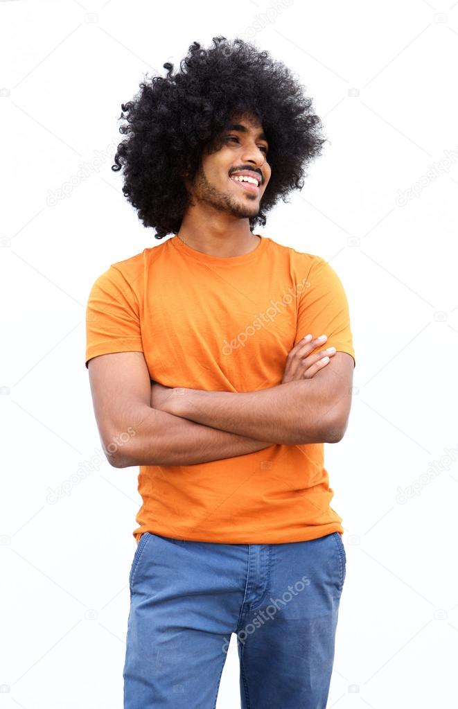 Smiling black guy with arms crossed isolated on white background