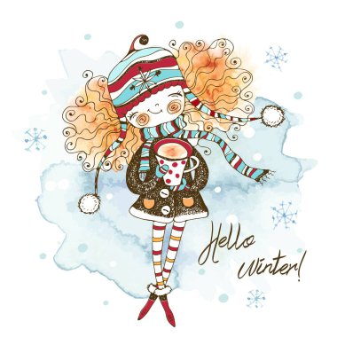Örgü şapkalı şirin bir kız kışın elinde bir kupa sıcak çay tutuyor. Grafikler ve suluboya. Noel kartı. Vektör.