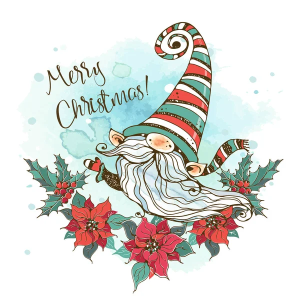 Χριστουγεννιάτικη Κάρτα Ένα Χαριτωμένο Σκανδιναβικό Gnome Στεφάνι Από Λουλούδια Poinsettia — Διανυσματικό Αρχείο