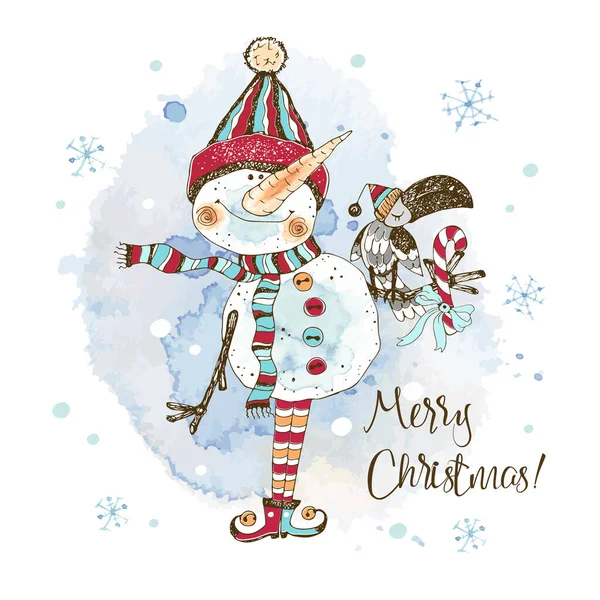 Αστείος Χιονάνθρωπος Τον Φίλο Του Κοράκι Χριστουγεννιάτικη Κάρτα Υδατογραφίες Και — Διανυσματικό Αρχείο