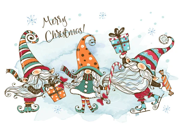 Christmas Card Fun Cute Family Nordic Gnomes Gifts Watercolors Graphics — Stock Vector