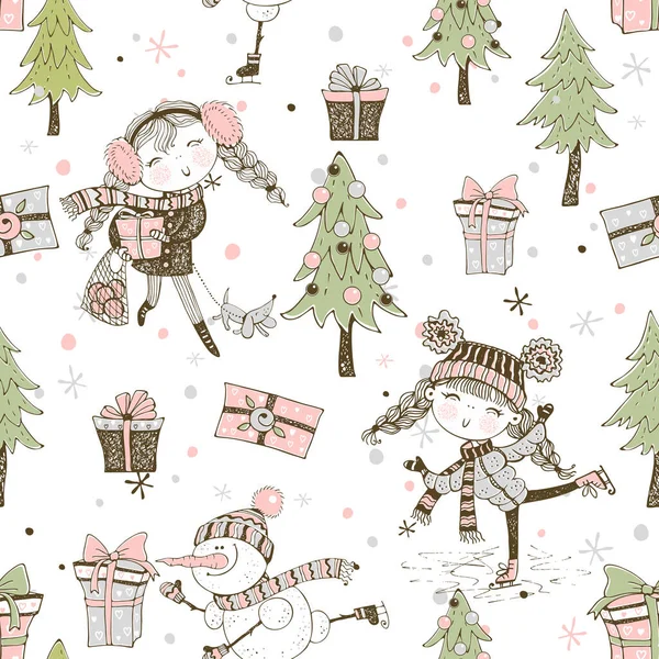 Seamless Pattern Christmas Winter Theme Cute Girls Doodle Style Vector — Stock Vector