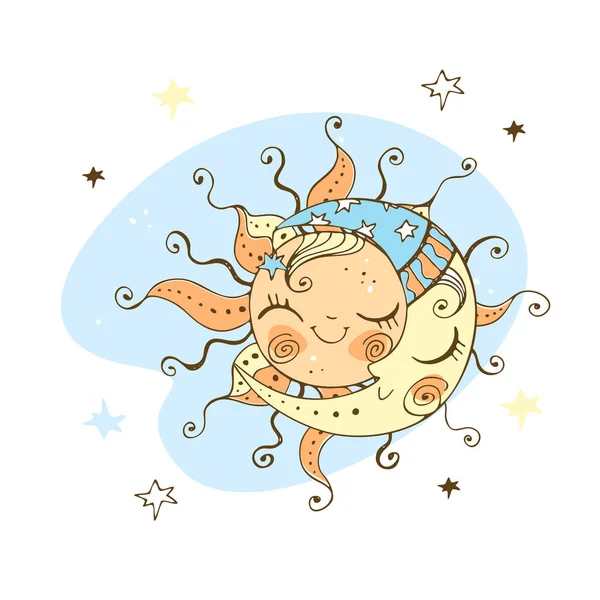 Sol Lua Estilo Doodle Bonito Para Tema Das Crianças Vetor — Vetor de Stock