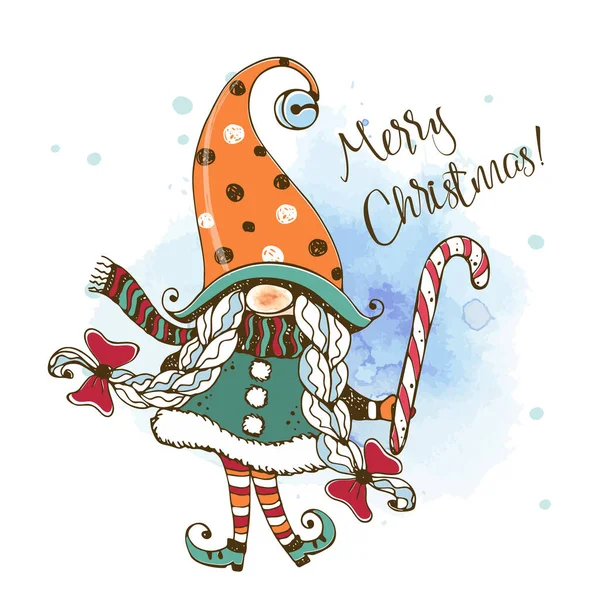 Christmas Card Cute Girl Nordic Gnome Lollipop Watercolors Graphics Doodle — Stock Vector
