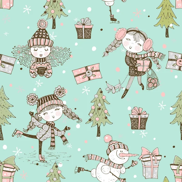 Seamless Pattern Christmas Winter Theme Cute Girls Doodle Style Vector — Stock Vector