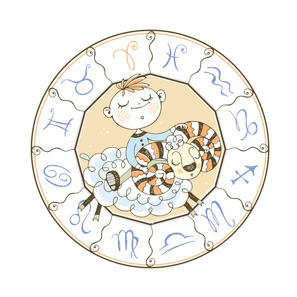 Children Zodiac Zodiac Sign Aries Cute Little Boy Rides Ram — Stock Vector