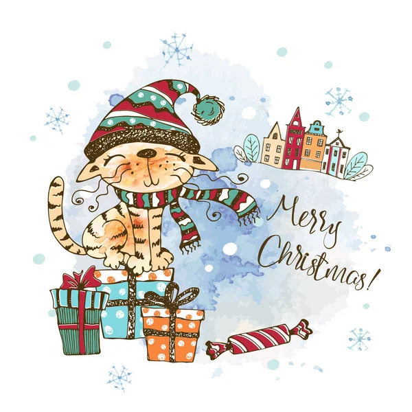 Tarjeta Navidad Con Lindo Gato Sombrero Punto Sentado Cajas Regalo — Vector de stock