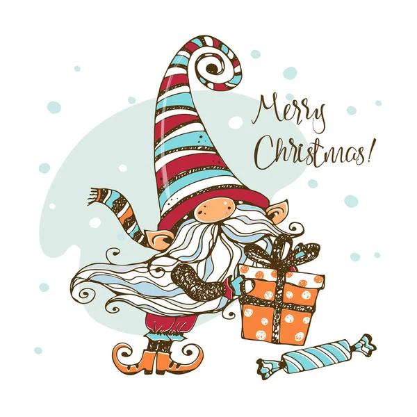 Cute Christmas Gnome Gifts Doodle Style Greeting Card Vector — Stock Vector