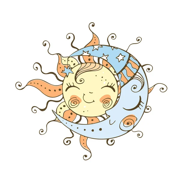 Soleil Lune Dans Style Doodle Mignon Pour Thème Des Enfants — Image vectorielle