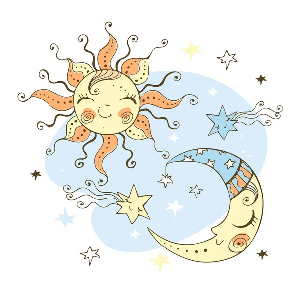 Sonne Und Mond Niedlichen Doodle Stil Für Kinder Vektor — Stockvektor
