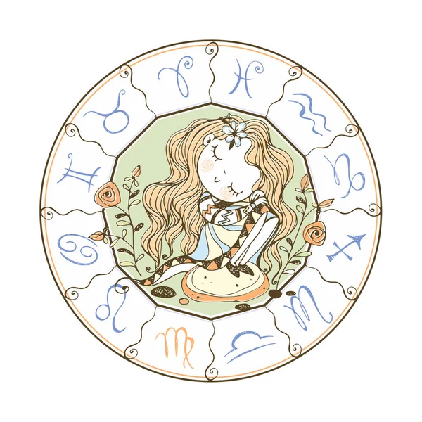Zodíaco Infantil Signo Virgo Linda Chica Sentada Una Roca Vector — Archivo Imágenes Vectoriales