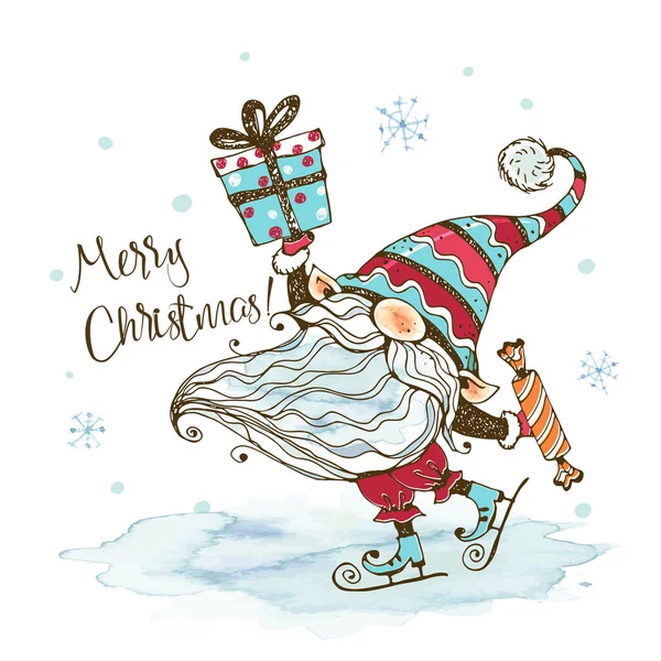 Christmas Card Cute Nordic Gnome Gifts Who Skates Watercolors Graphics — Stock Vector
